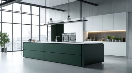 Simple modern kitchen with white and dark green cabinets. Featuring a clean, bright design with minimal decoration
