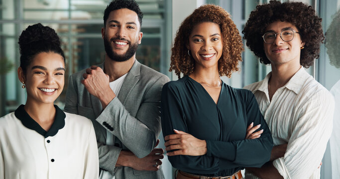 Employees, portrait and arms crossed for solidarity in office, team building and manager for support. Business people, cooperation and global news agency for press media, collaboration and confidence