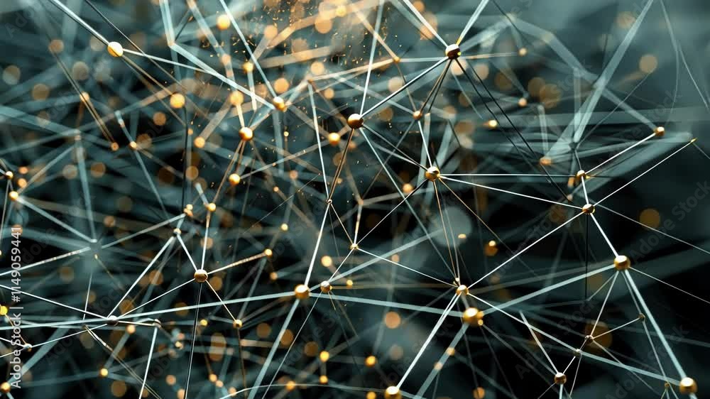 Poster golden nodes interconnected by a complex network of lines symbolize the intricate web of big data, h