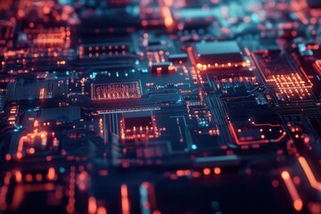 Obraz premium A close-up view of a digital circuit board illuminated with vibrant colors.