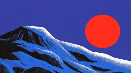 A stunningly beautiful serene mountain landscape showcasing a bold and vibrant red sun