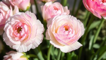 Close-up view of vibrant pink and white ranunculus flowers with delicate petals and green stems in natural lighting, green, delicate