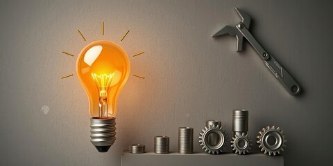 A bright lightbulb surrounded by gears and various tools symbolizing innovation and success in business, success, creativity, lightbulb