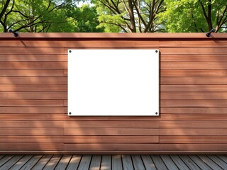 A realistic outdoor poster mockup displayed on a wooden wall in a park setting, perfect for showcasing a marketing campaign or event promotion, park, event