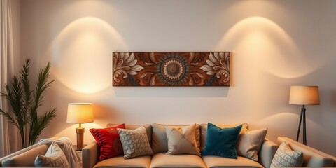 Grey and mint lamps above pouf and corner sofa with pillows in blue interior with posters on the wall, interior design, stylish