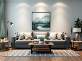 Grey and mint lamps above pouf and corner sofa with pillows in blue interior with posters on the wall, furniture, teal