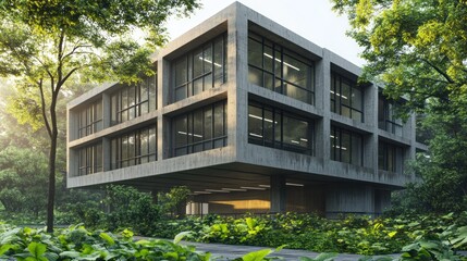 Mid-century modern office building, concrete structure, large windows, surrounded by greenery, 3D render