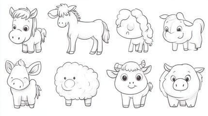 Obraz premium Adorable Farm Animals Collection: Cute Cartoon Drawings of Horses, Donkeys, Sheep, and Cows