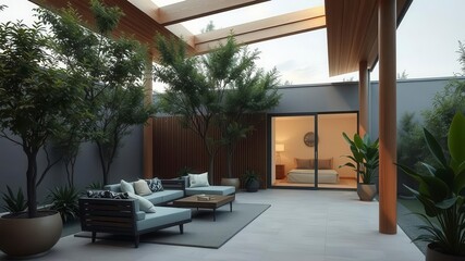 Fototapeta premium Modern interior design blending seamlessly with outdoor natural elements such as plants and trees, design, aesthetic