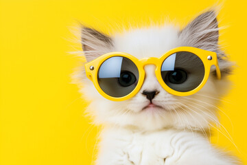 Adorable Cat Wearing Stylish Sunglasses Against a Soft Yellow Pastel Background