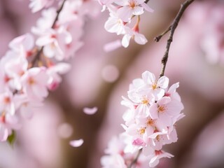 Pink sakura petals falling gently creating a dreamy background, delicate, pink, tranquil