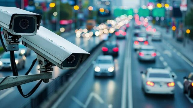 Two security cameras capturing footage of a bustling multi lane city street at dusk, monitoring traffic flow and enhancing safety in the urban environment