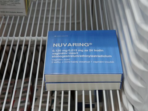 Prague, Czech Republic -December 29 2024: NUVARING box of contraception with ethinyl estradiol and etonogestrel active substances by Merck, used for hormonal birth control and pregnancy prevention	
