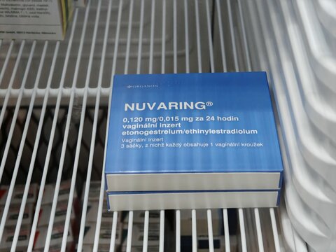 Prague, Czech Republic -December 29 2024: NUVARING box of contraception with ethinyl estradiol and etonogestrel active substances by Merck, used for hormonal birth control and pregnancy prevention	
