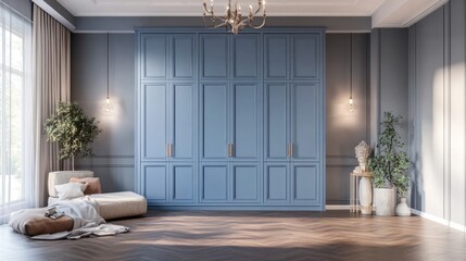 Elegant bedroom with blue built-in wardrobe, chaise lounge, and hardwood floors.