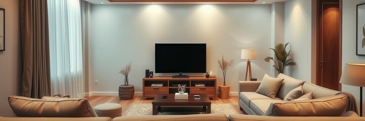 Wooden living room interior with TV set and comfortable sofa, design, interior