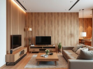 Wooden TV cabinet and cozy sofa in a modern living room setting, furniture, relaxation area