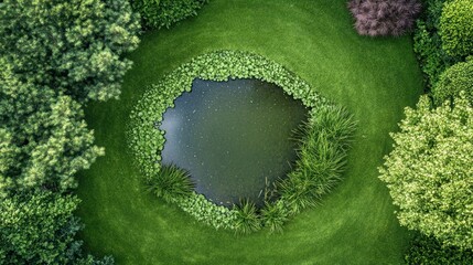 Aerial view of a circular pond in a lush green garden.