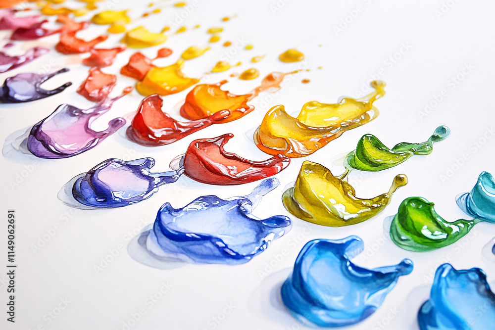Poster glossy colorful paint splashes in shades of red blue yellow and green spread across a white surface 