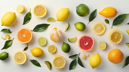 A colorful arrangement of various citrus fruits and leaves on a light background.