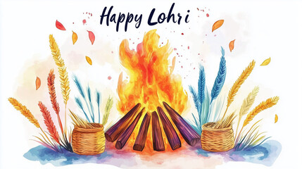 Happy Lohri, Makarsakranti, Indian Festival, Watercolor Design with Bonfire and Wheat Basket, white background