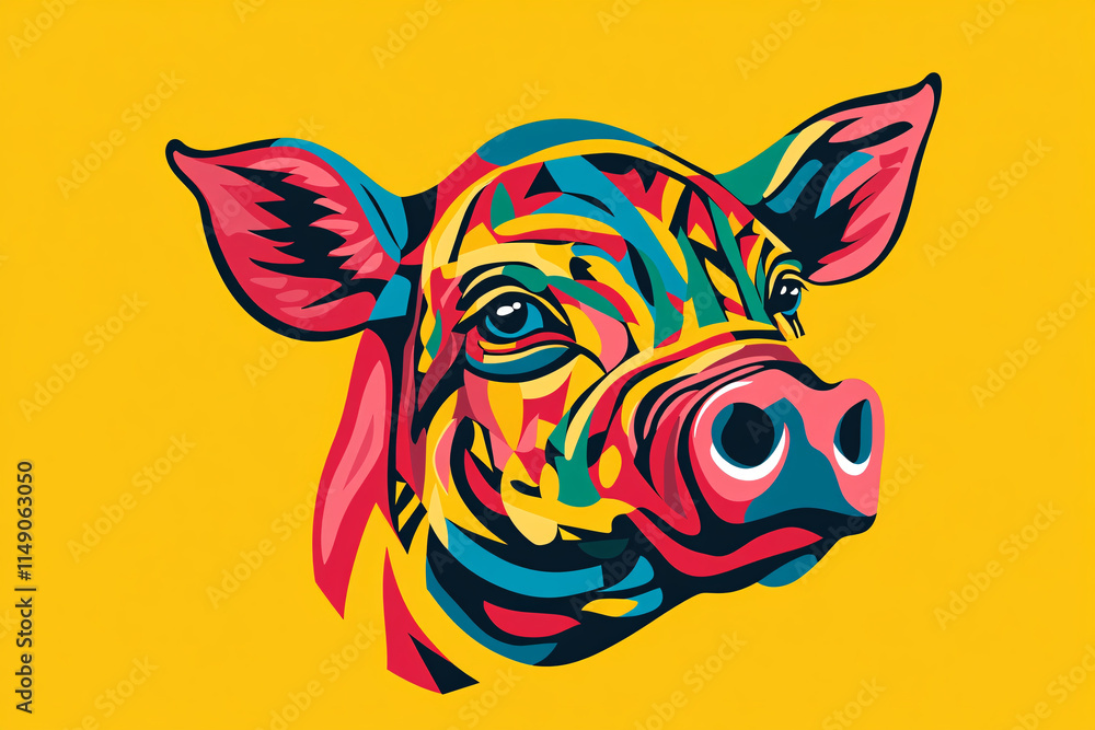 Poster a modern pig head illustration with bright abstract colors and geometric patterns on a vibrant yello