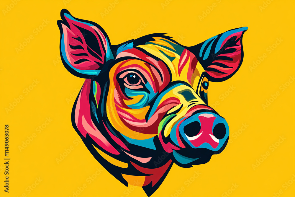 Poster a bold and colorful pig head illustration with vivid multicolored abstract patterns set against a br