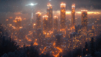 Fototapeta premium A futuristic cityscape at night, illuminated by glowing lights amidst falling snow.
