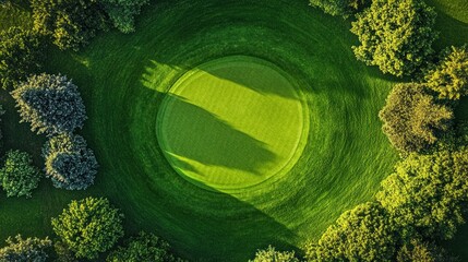 Aerial view of a lush green golf course putting green surrounded by trees.