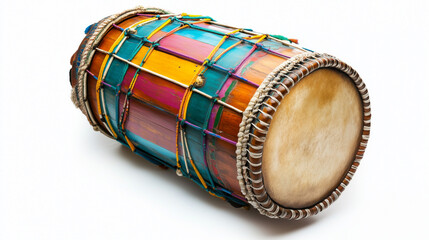 Lohri, Makarsakranti, Indian Festival. Colorful Hand Woven Drum (Dhol) with Wooden Edges, placed on a White Background.