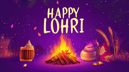 Lohri, Makarsakranti, Indian Festival with text HAPPY LOHRI. Featuring a Bonfire, Drums, and Wheat Ears on a Purple Background