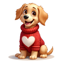 Fototapeta premium Cute cartoon dog in a cozy red sweater with a heart design, digital illustration of character design concept.
