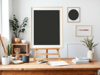 Canvas template on a wooden table surrounded by white walls in a minimalist room, artist, mockup, art