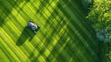 Aerial view of a robotic lawnmower cutting a lush green lawn.