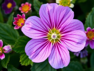 Fototapeta premium Purple flower petals and leaves in a vibrant, rich hue, with delicate veins and intricate patterns, flower, nature, blooming