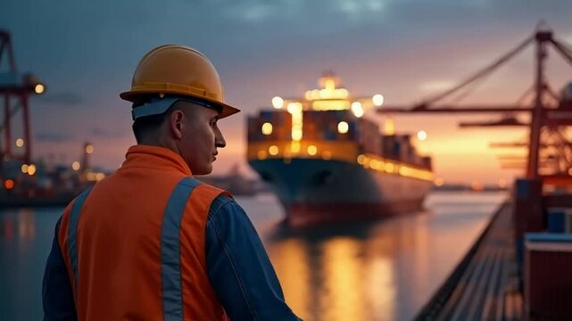 person in the port A shipyard worker looking at a docked container ship