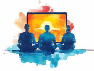 Three silhouettes sit in front of a vibrant screen displaying a sunset, symbolizing connection, relaxation, and digital engagement.