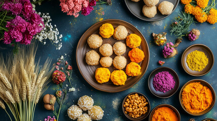 Lohri, Makarsakranti, Indian Festival, Holi colors, dried flowers, and traditional Indian sweets on a dark background