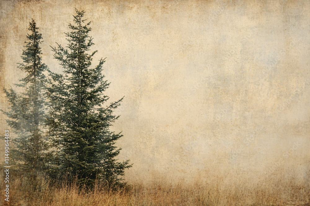 Poster vintage textured image of two evergreen trees standing in an open field with a soft misty atmospheri