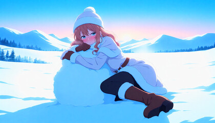 雪玉に乗る