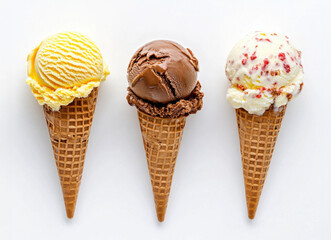 various ice cream scoops in waffle cones