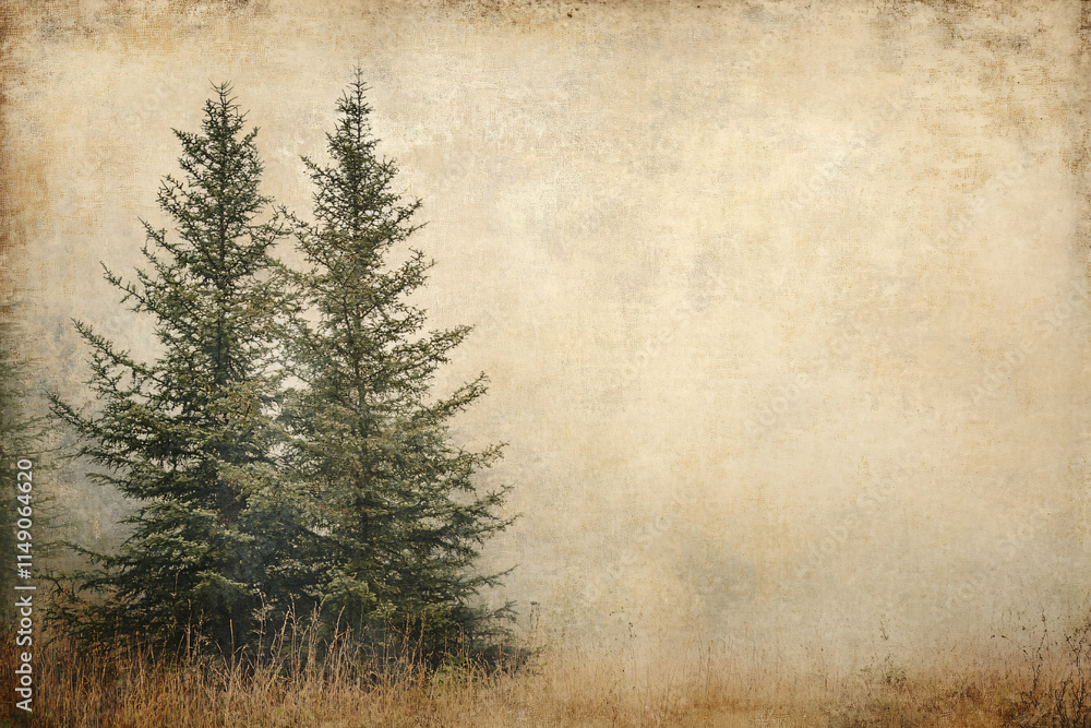 Poster a textured vintage scene featuring evergreen trees emerging through thick fog on an aged paper-like 