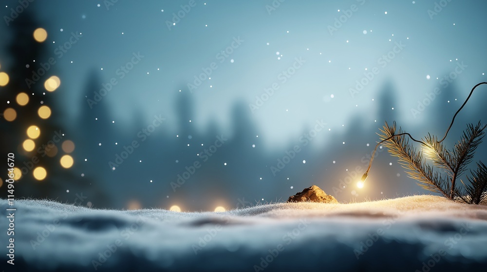 Poster bokeh effect of softly glowing christmas lights in a snowy setting surrounded by pine and gentle sno
