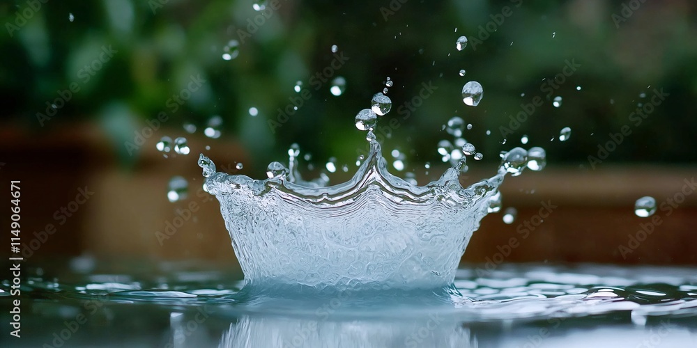 Poster fresh water drop creating ripples and splashes in a serene natural setting with lush green backgroun