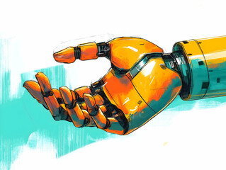 A vibrant illustration of a robotic hand extending outward, showcasing intricate details and a futuristic design.