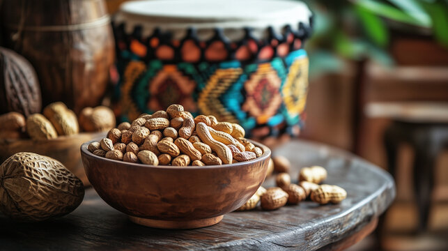 Lohri, Makarsakranti, Indian Festival, wooden bowl of peanuts or moongfali on table with traditional dhol.