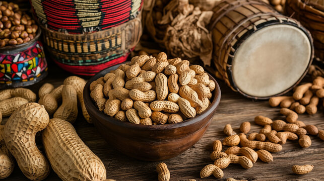 Lohri, Makarsakranti, Indian Festival, wooden bowl of peanuts or moongfali on table with traditional dhol.