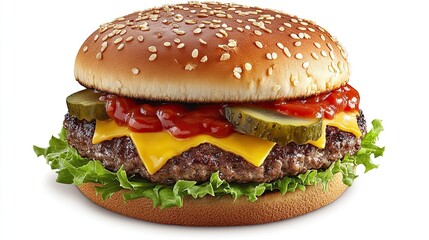 A large burger served on a bun with cheese, lettuce, pickles, and ketchup. The idea of comfort food, quick meals, and fast food -