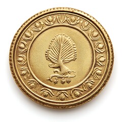 golden rupee coin with intricate design isolated on white background