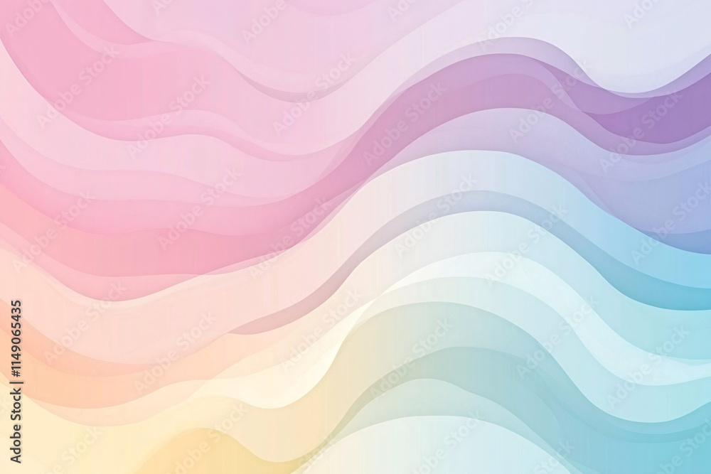 Poster an abstract pastel design with flowing wavy lines in pink blue and yellow creating a soft harmonious